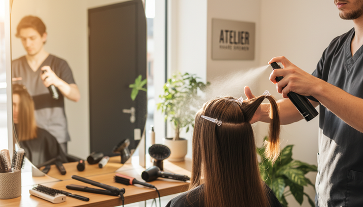 Close-up view of a stylist applying heat protection spray to sectioned hair.