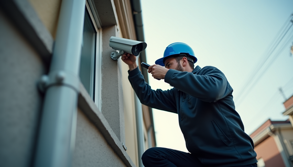 Technician installing security camera outdoors, providing CCTV and access control solutions.