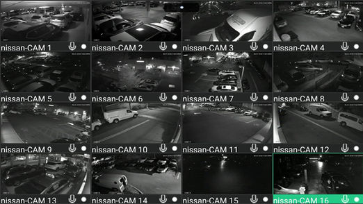 Nissan parking lot CCTV cameras: 16 live feeds showing various vehicles at night