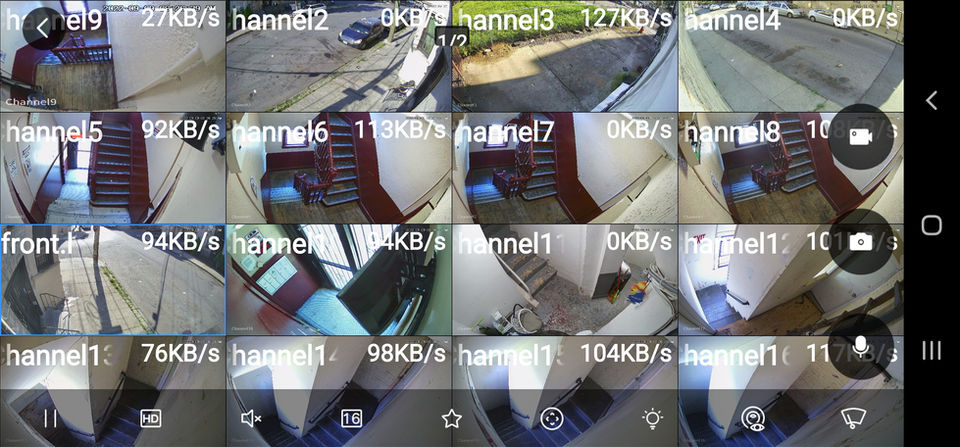 CCTV surveillance feed showing multiple channels with network information.
