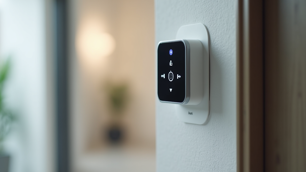Close-up view of a smart home security control panel mounted on a wall