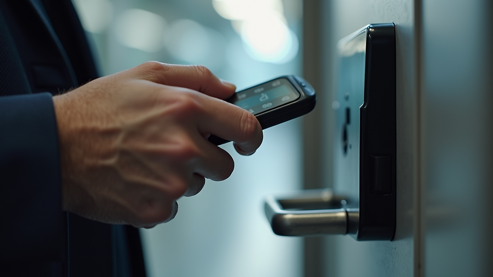 Close-up of a hand holding a key fob near an access control reader