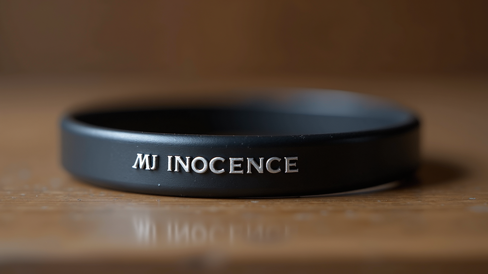Close-up view of a black and silver MJ Innocence Bracelet on a wooden surface
