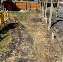 A dry, grassy outdoor area shows patches of burnt grass and charred ground.