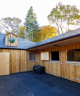 A large wooden building featuring a green clock on its side