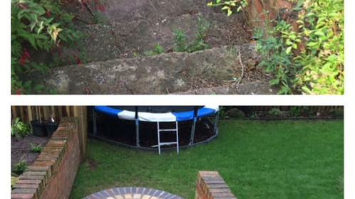 Top: old, mossy steps. Bottom: new, clean stone steps with intricate circular design.