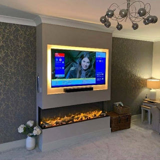 Modern living room with wall-mounted TV above an electric fireplace