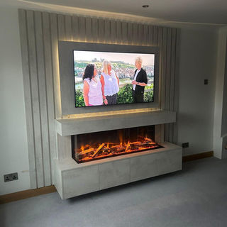 Modern living room with a wall-mounted TV above an electric fireplace