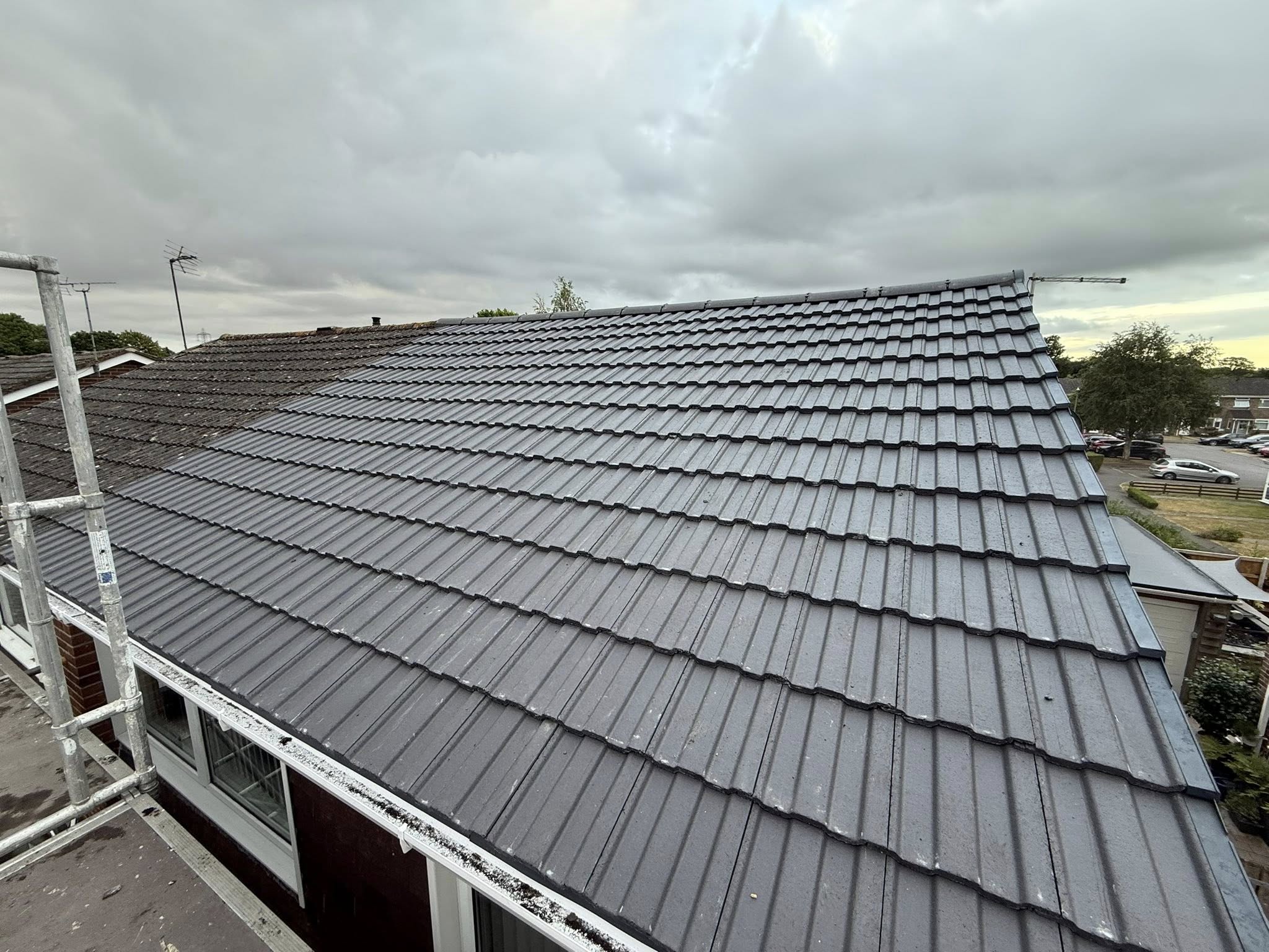 Newly installed metal roof tiles