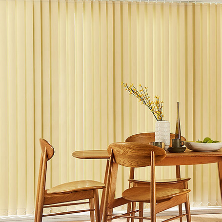 Vertical blinds and A dining room featuring a wooden table surrounded by four chairs