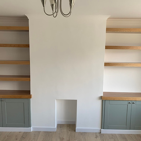 Interior view of a room with wooden shelves and cabinets