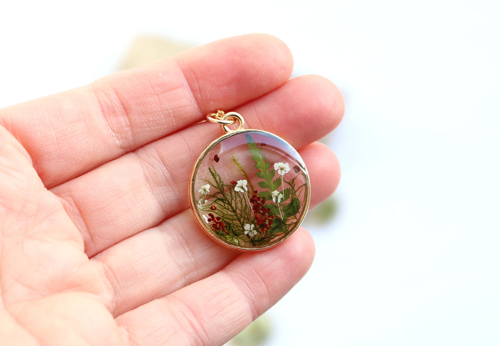 Thumbnail: Gold forest necklace with green moss and ferns Autumn fashion