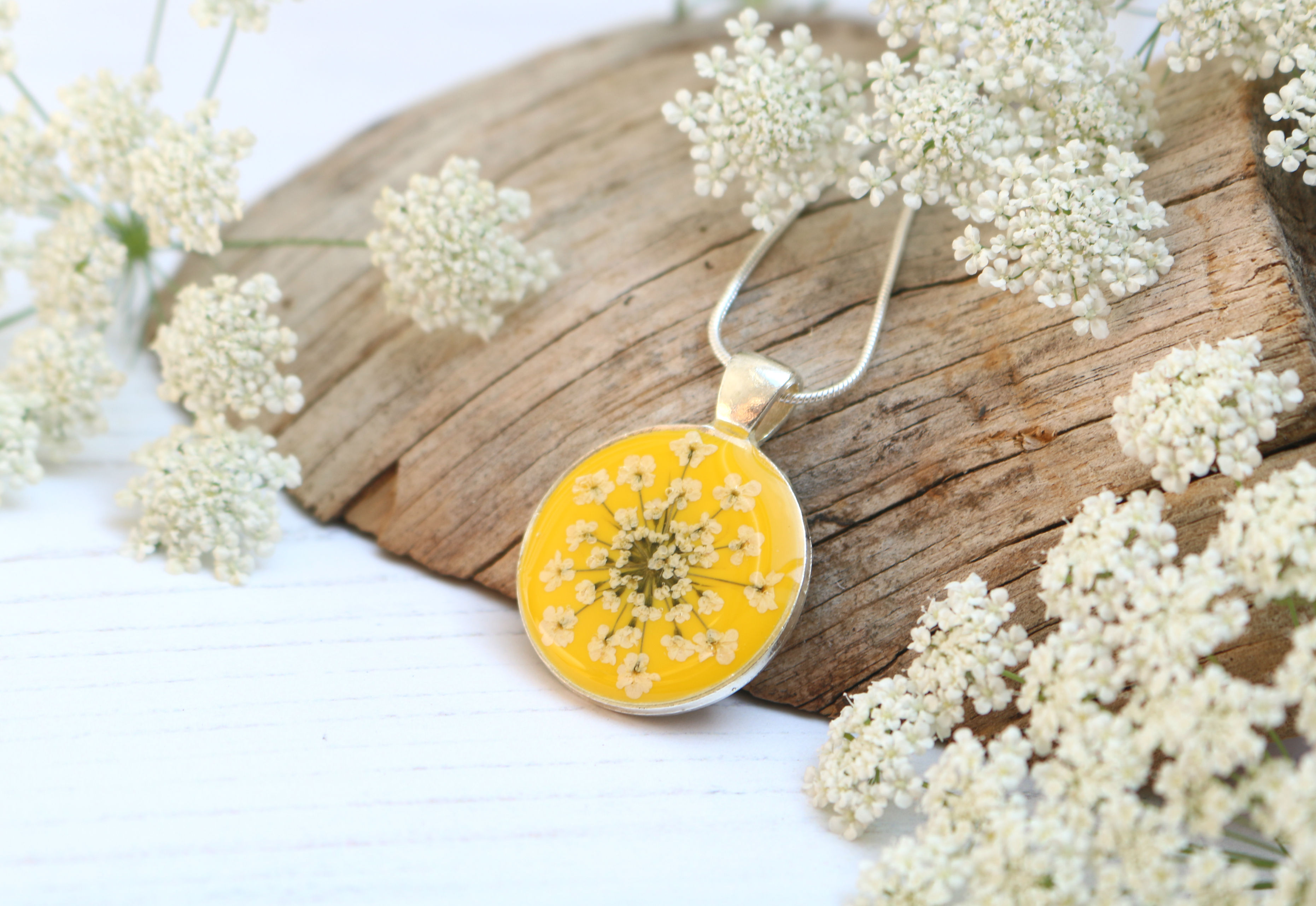 Silver necklace in Mustard yellow, with real Queen Anne's Lace flower