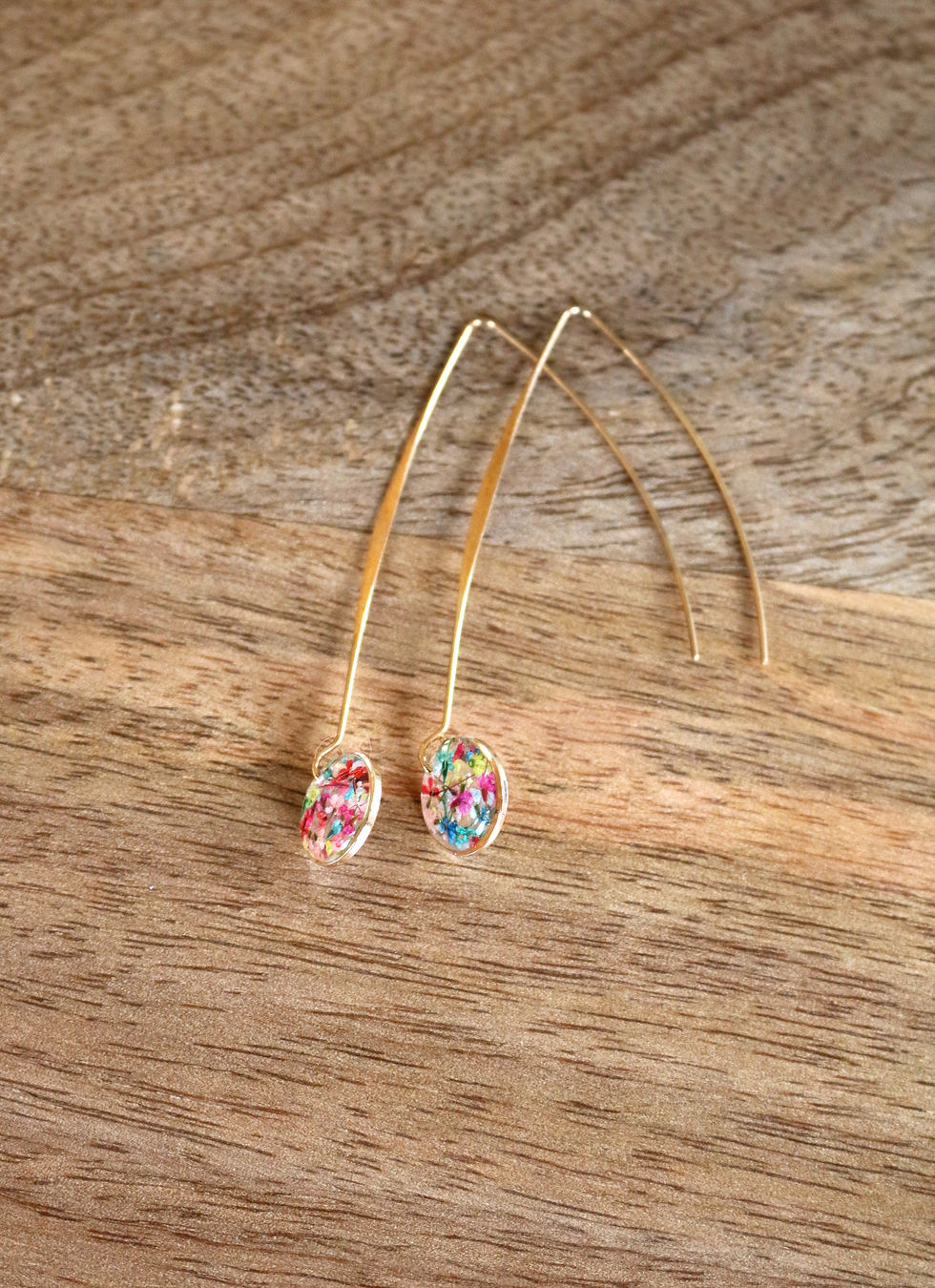 Thumbnail: Real flower rainbow confetti gold dangle earrings