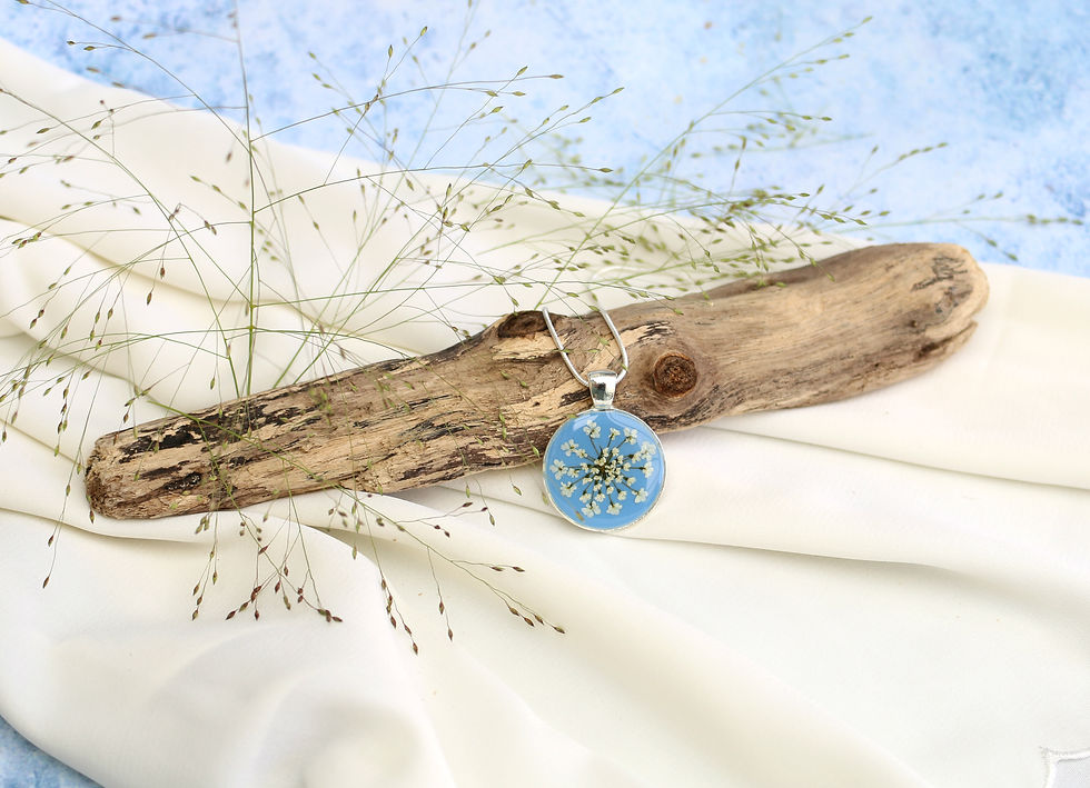 Thumbnail: Silver necklace in Sky, with real Queen Anne's Lace flower