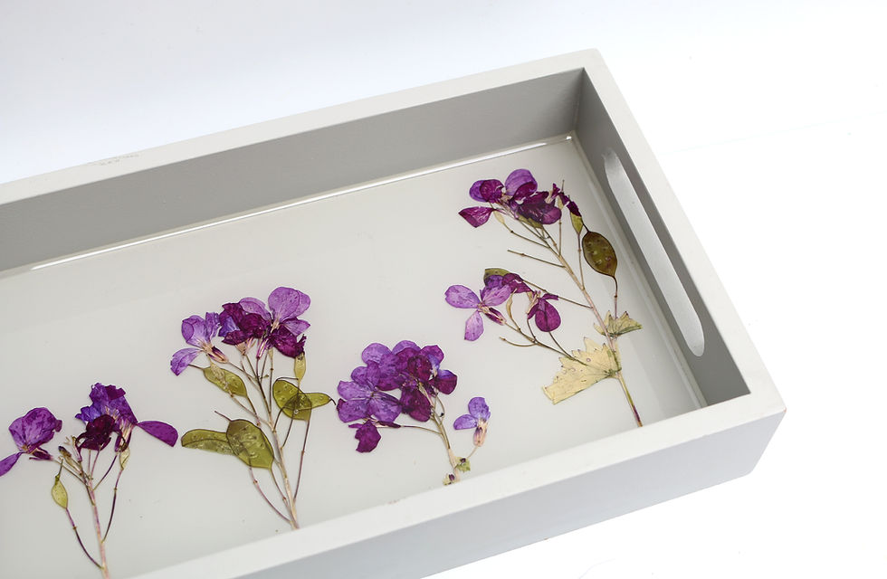 Thumbnail: Grey painted wooden serving tray with Honesty flowers