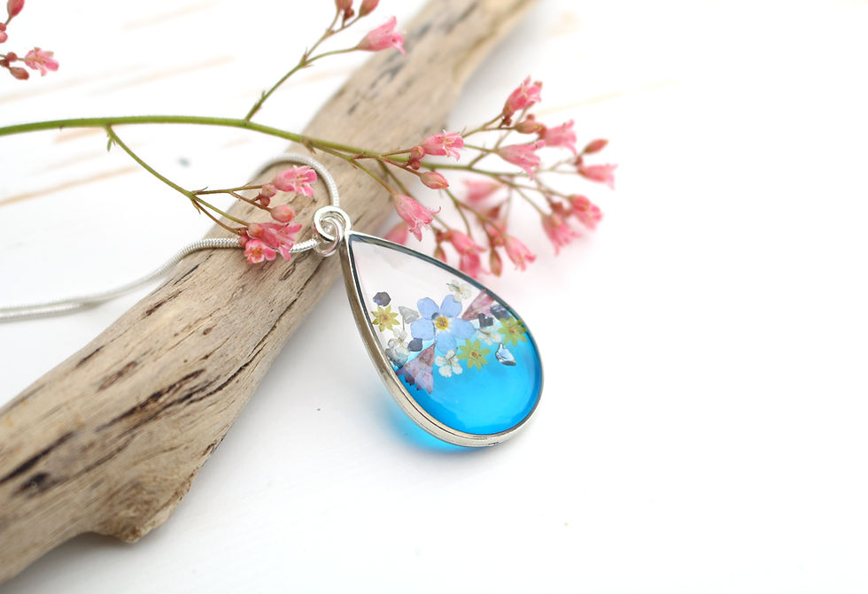 Translucent blue real flowers silver teardrop necklace