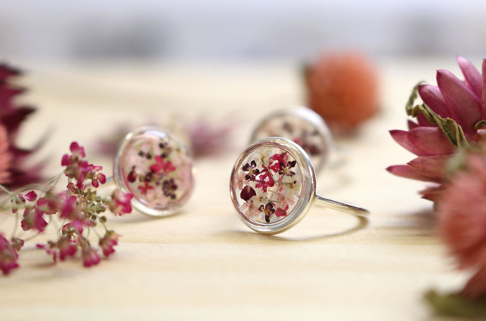 Thumbnail: Real pink flowers sterling silver adjustable ring