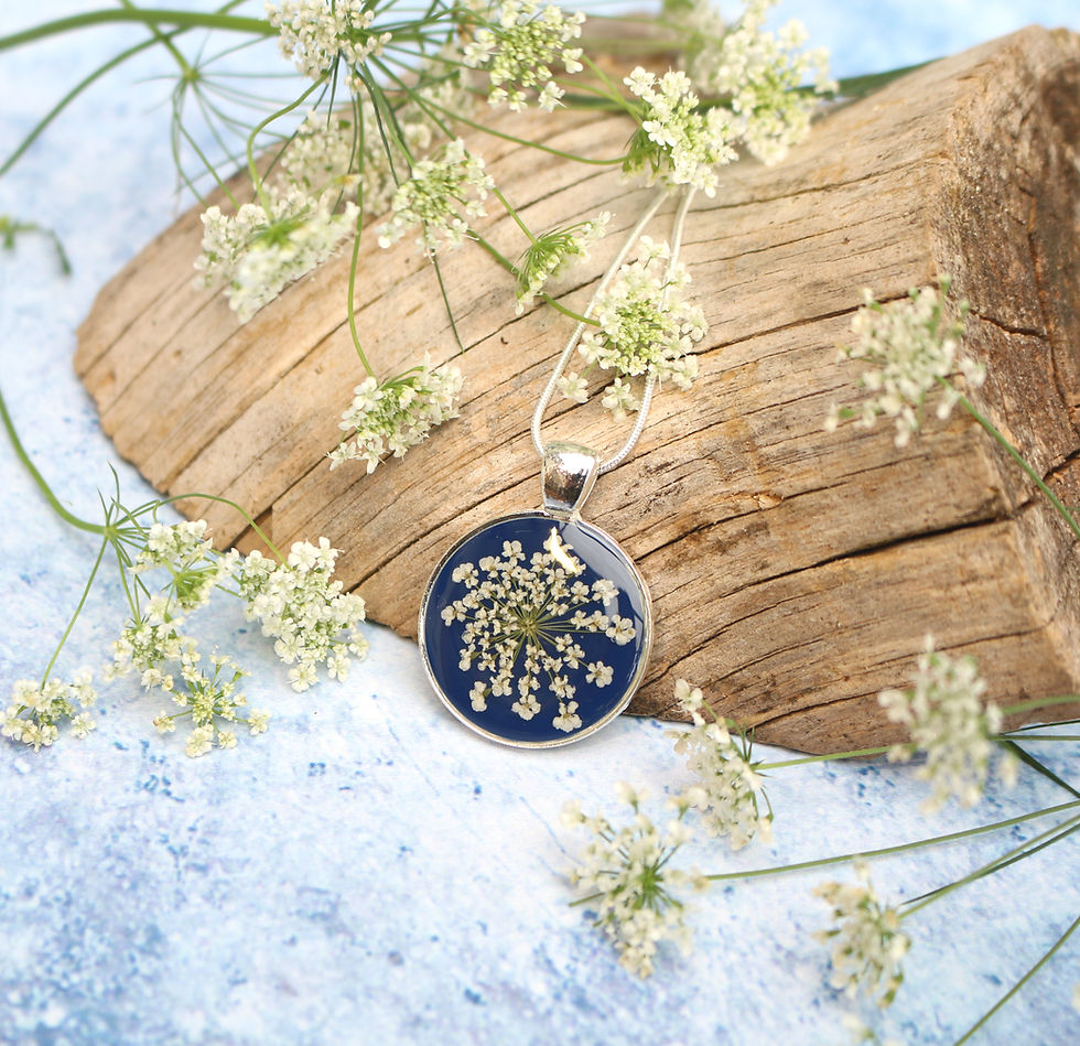 Thumbnail: Silver necklace in Navy, with real Queen Anne's Lace flower