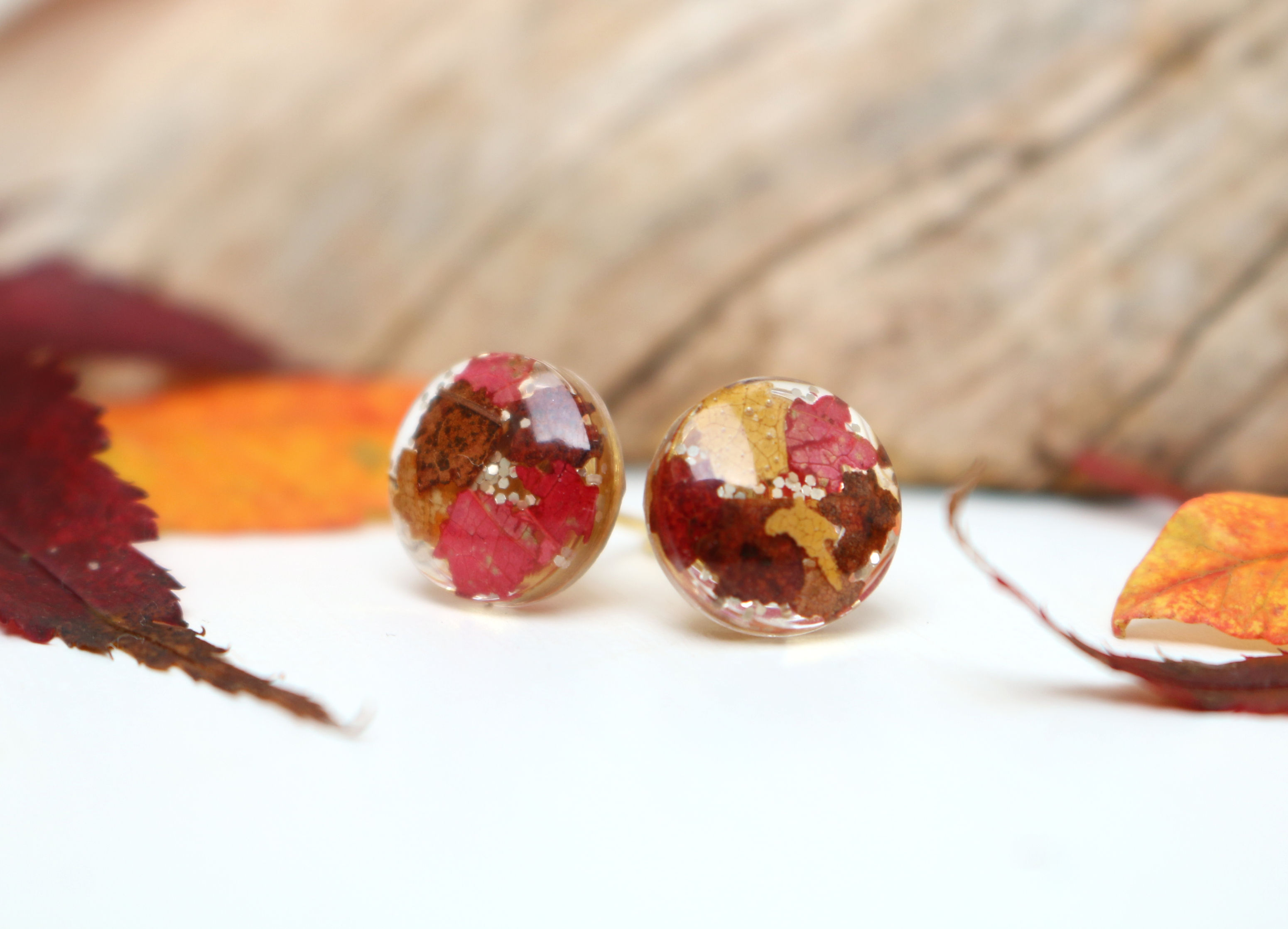 Real autumn leaves sparkle stud earrings