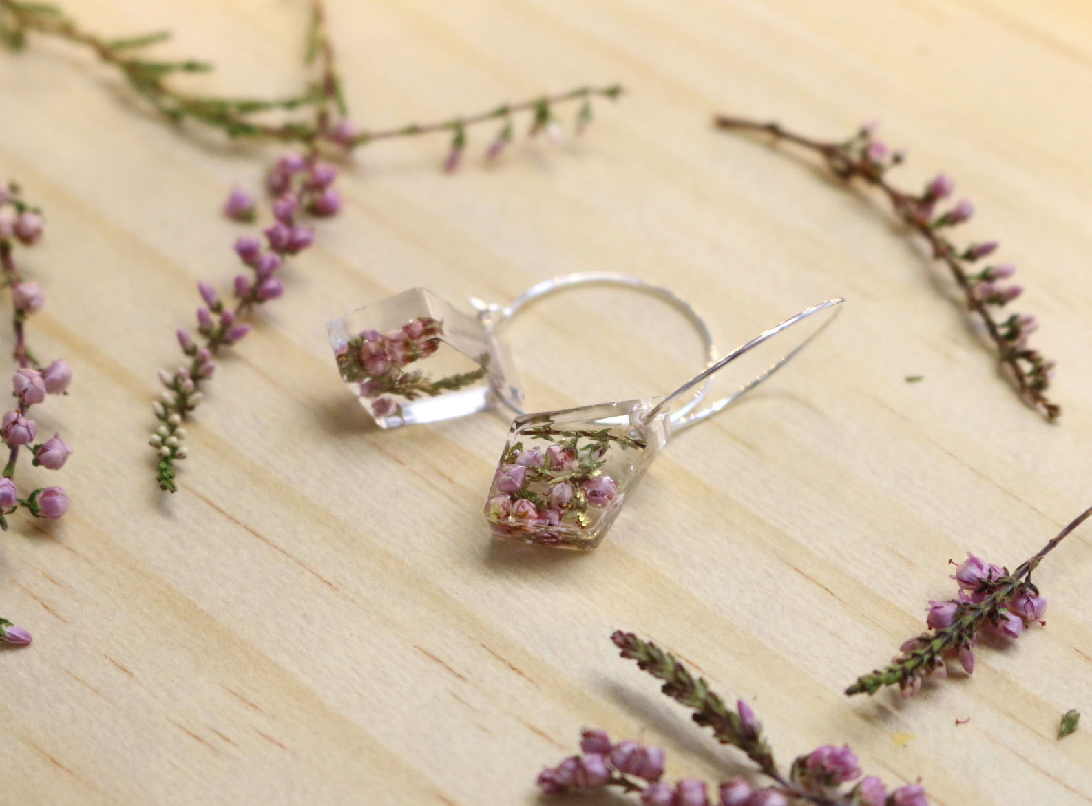Real New Forest heather sterling silver hoop earrings