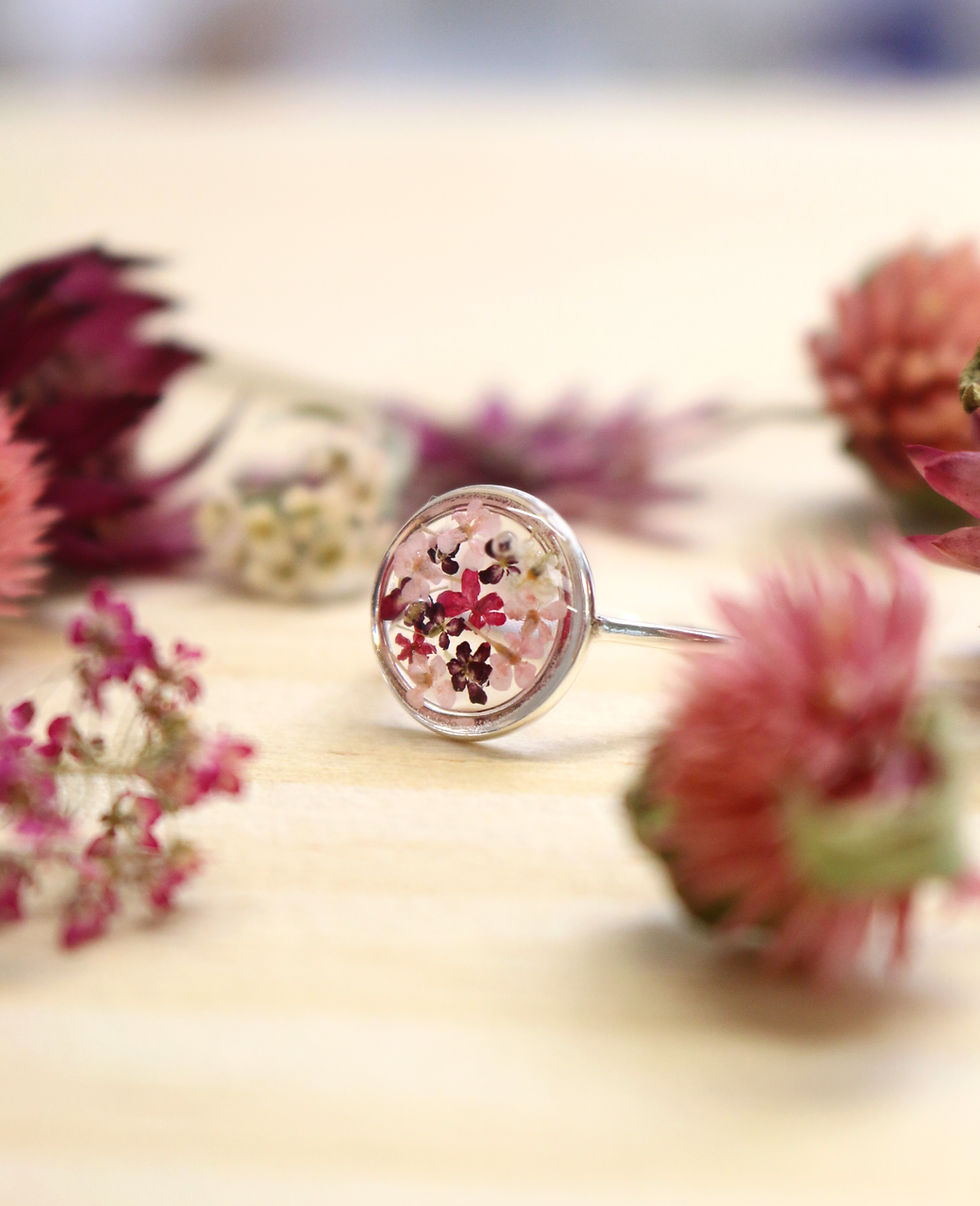 Thumbnail: Real pink flowers sterling silver adjustable ring