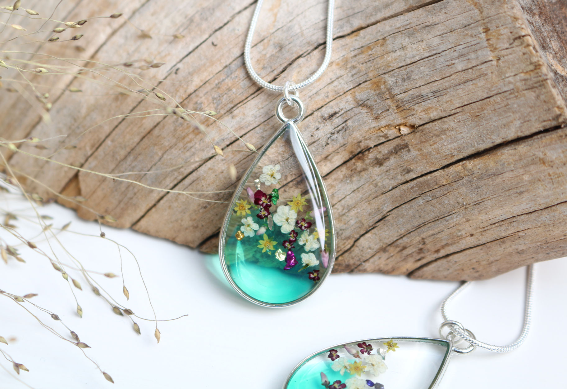 Emerald green real flowers and sparkle silver teardrop necklace 55th anniversary