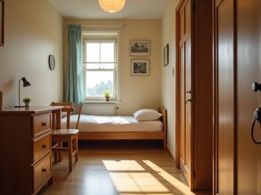 Eye-level view of a cozy hostel room with a single bed and a small desk