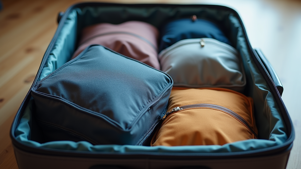 Eye-level view of a neatly packed carry-on suitcase with organized packing cubes