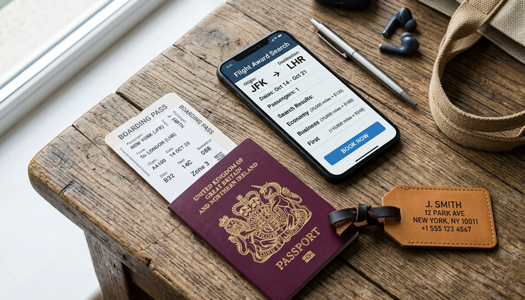 Overhead view of a passport, boarding pass, and phone showing a flight search.