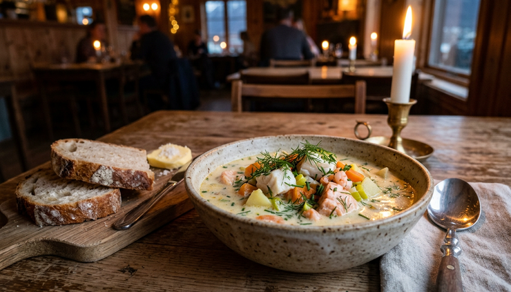Close-up view of a warm Norwegian fish soup served with bread in a cozy Tromsø café.
