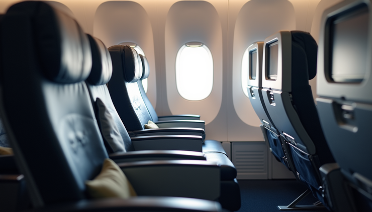 Eye-level view of a premium economy airplane seat with extra legroom and a larger tray table