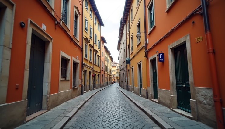 Eye-level view of a narrow cobblestone street lined with colorful buildings in a European city
