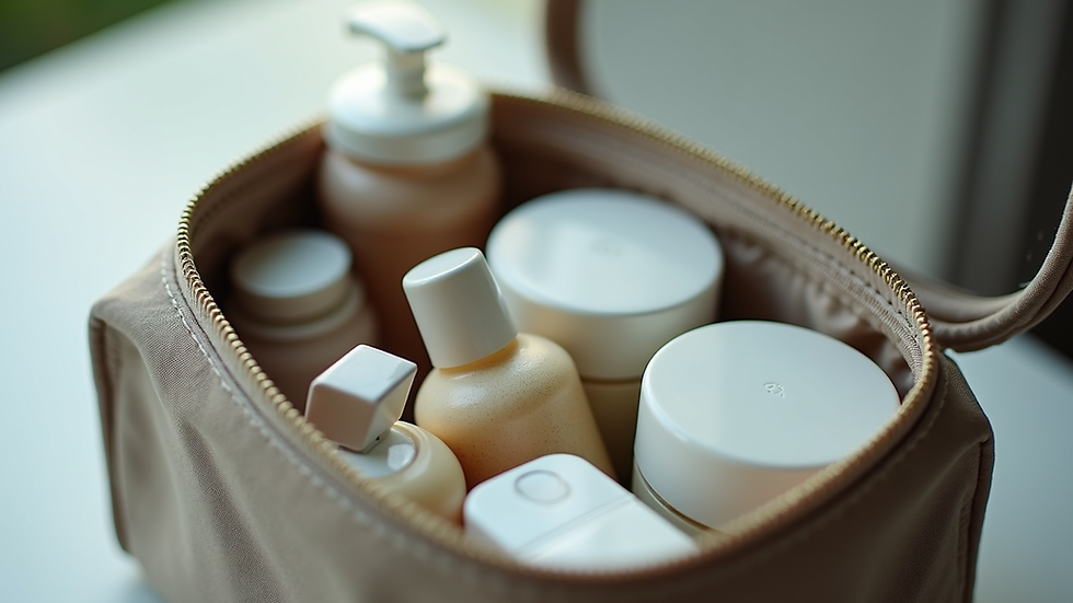 Close-up view of travel-sized toiletries neatly arranged in a compact toiletry bag