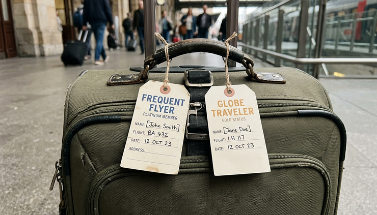 Close-up of two luggage tags labeled with different airline loyalty programs.