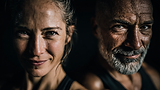 Couple d’âge mûr en gros plan sur fond noir avec un léger sourire.