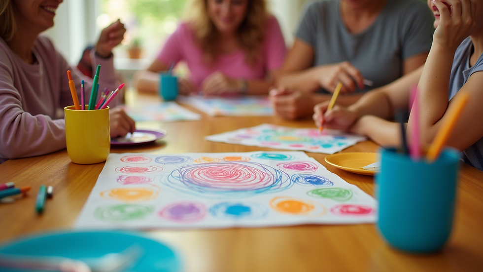 High angle view of a colorful craft table with dance party accessories