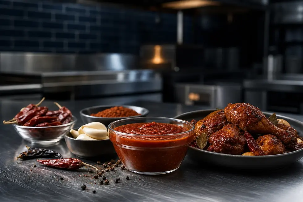 Chicken in spicy red sauce with dried chilies, garlic, and spices on a stainless kitchen counter in a dark restaurant kitchen