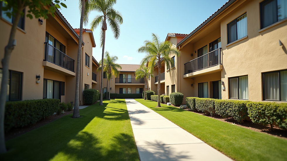 Eye-level view of a well-maintained apartment complex in Burbank