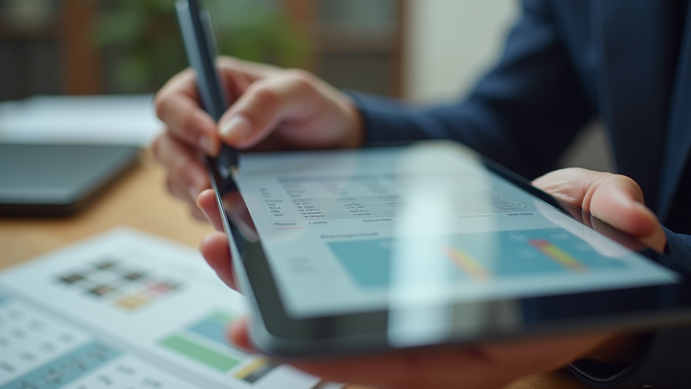 Close-up view of a landlord reviewing rent payment reports on a tablet