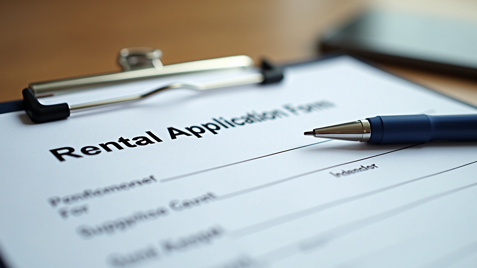 Close-up view of a rental application form on a clipboard with a pen