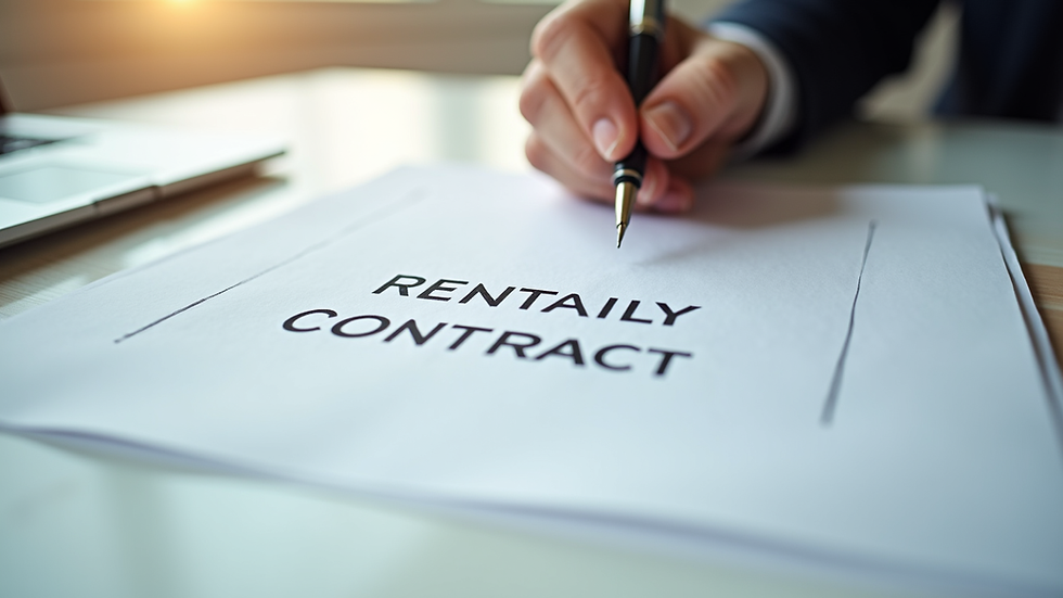 Eye-level view of a rental property contract on a desk with a pen
