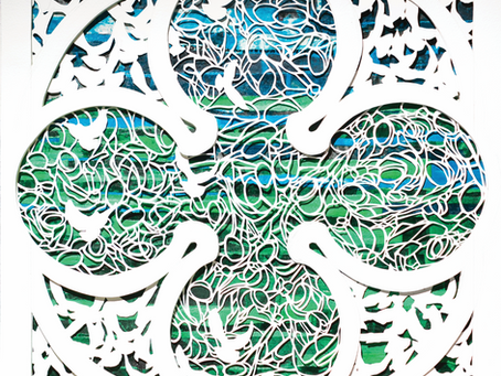 Meet Me in Galilee by Hannah Garrity, 18x18" Hand-dyed and collaged newspaper with paper lace overlay | A Sanctified Art LLC