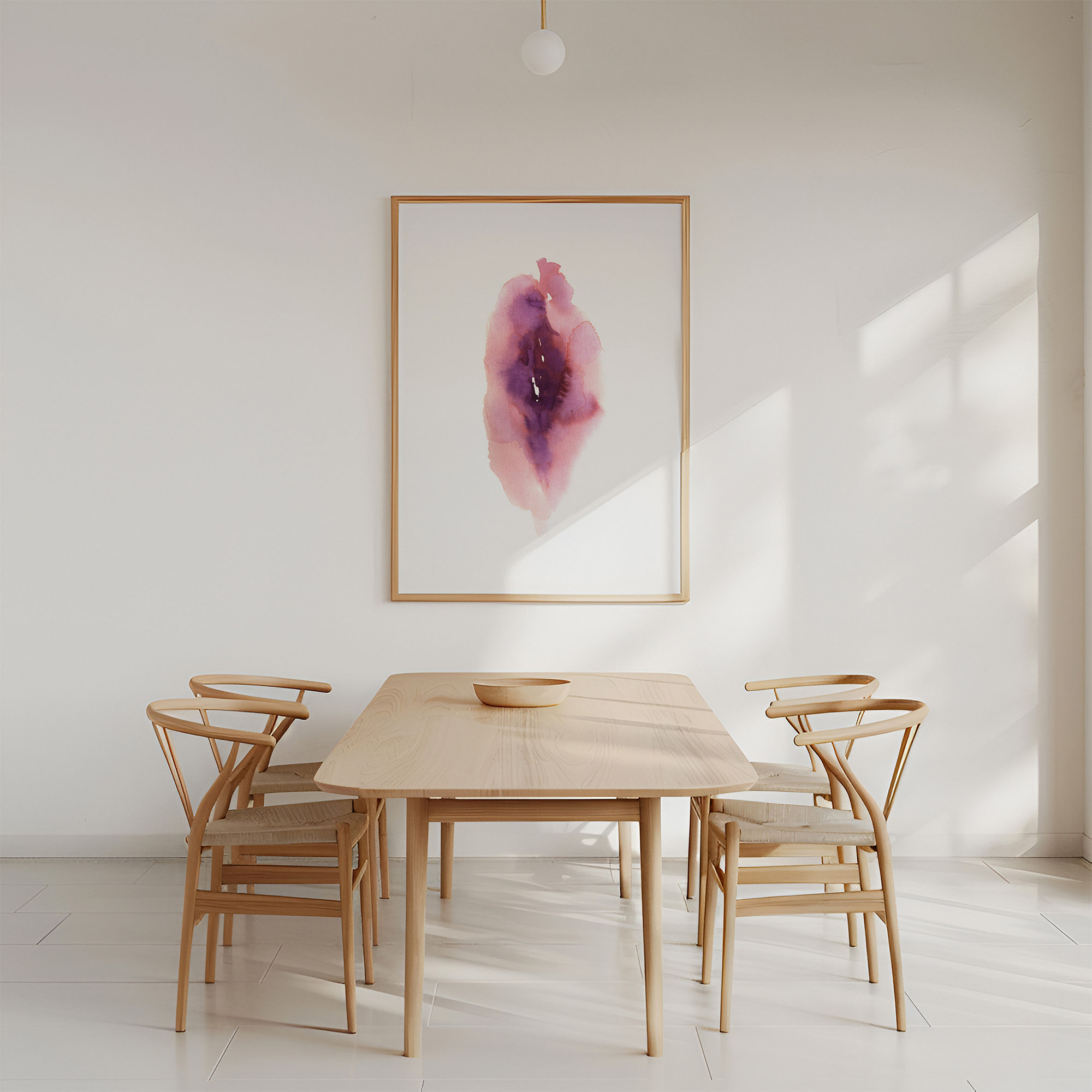 Gerahmte Aquarell Vulva über Esstisch an der Wand hängend