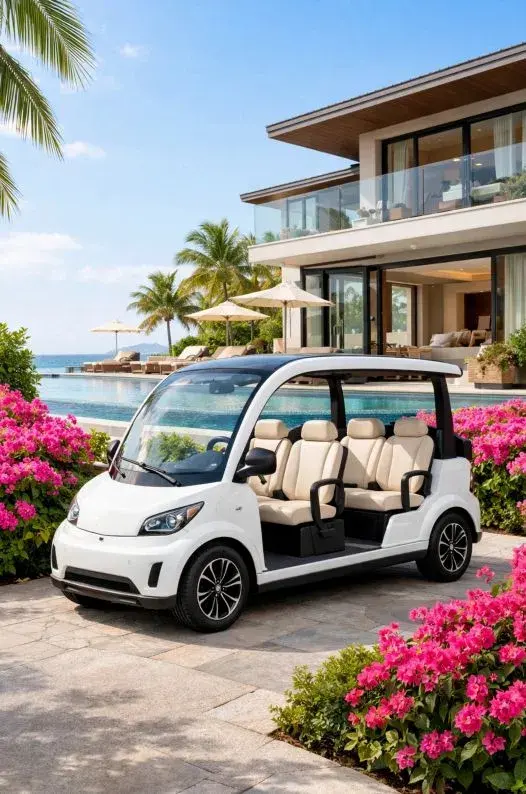 White golf cart by a resort pool and modern villa, framed by palm trees and bright pink flowers under a sunny blue sky.