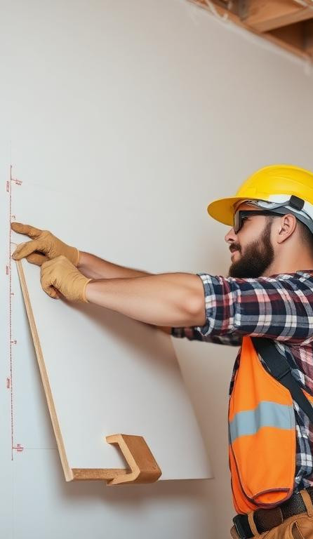 Plaquiste prenant des mesures sur mur intérieur pour pose de placo et aménagement précis des cloisons sèches