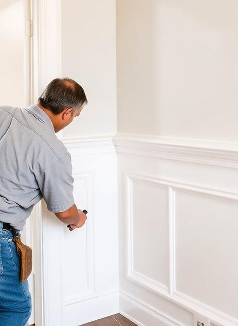 Travaux de peinture de finition sur boiseries murales avec application soignée pour un rendu intérieur propre et élégant