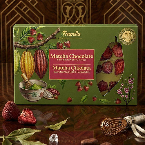Küçük resim: Kurutulmuş Çilek Parçacıklı Matcha Çikolata 150 Gr.