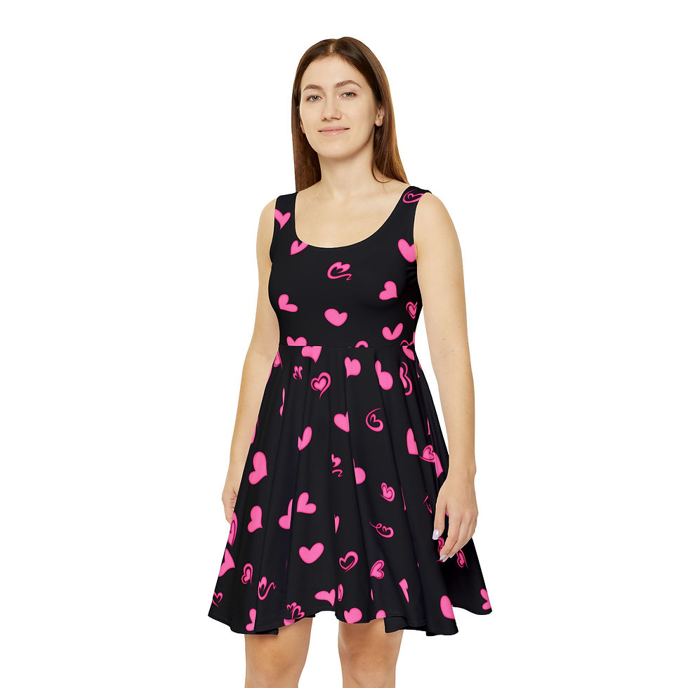 Thumbnail: Pink Hearts Valentine Pattern Skater Dress Black All-Over Print by Melody Lane