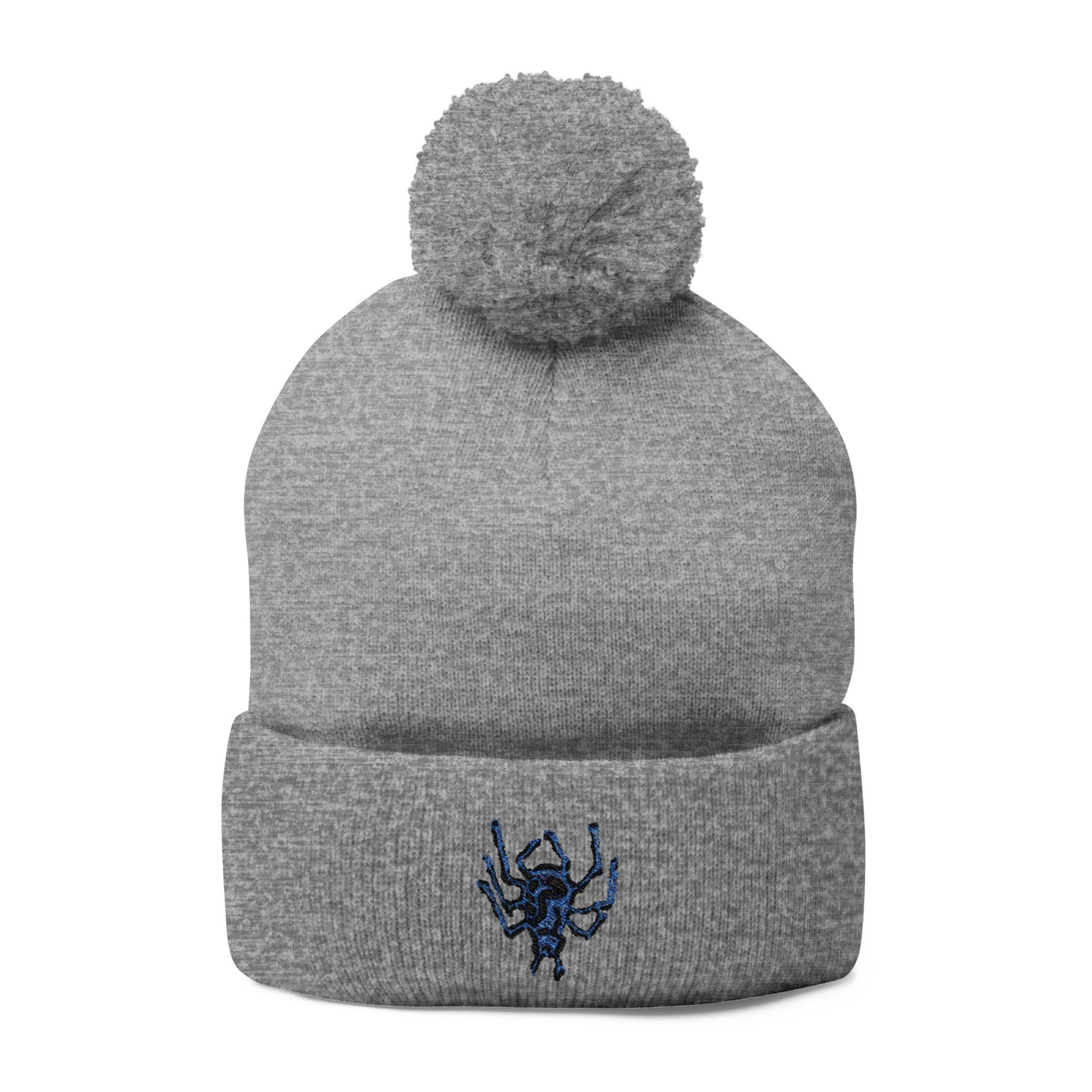 Embroidered Blue Spider Skeleton Pom-Pom Knit Cap by Melody Lane